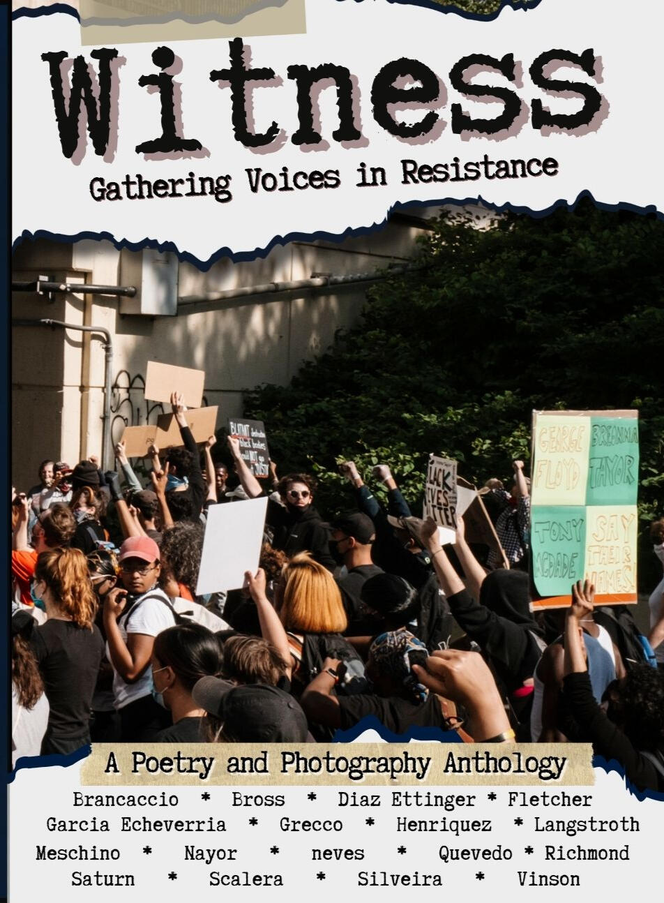 Witness: Gathering Voices in Resistance, available through Human Error Publishing A picture of a book cover. The title reads "Witness: Gathering Voices in Resistance" The center has a picture of people protesting on a highway. There is also at the bottom a list of the books contributors.